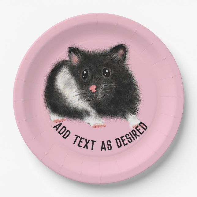Personalised Cute SYRIAN HAMSTER Black White PINK Paper Plate (Front)