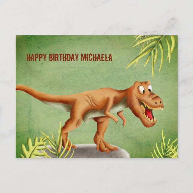 Personalised Cute T-Rex Dinosaur Happy Birthday Postcard (Front)