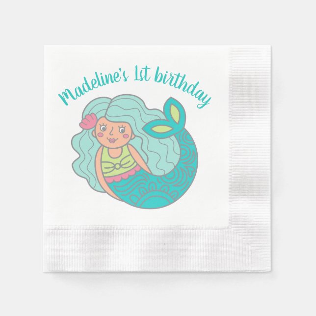 Personalised Cute Teal Mermaid 1st Birthday Party Napkin (Front)