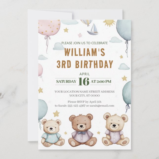 Personalised Cute Teddy Bear Birthday Invitation (Front)