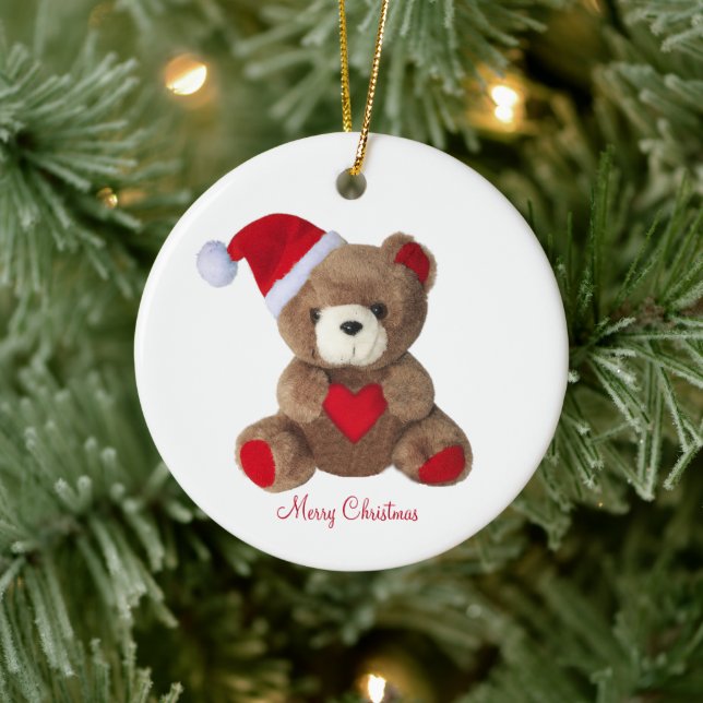 Personalised Cute Teddy Bear on White Ceramic Ornament (Tree)
