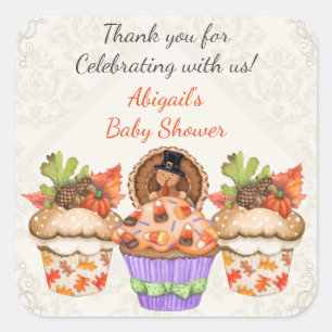 Personalised Cute Thanksgiving Cupcake Baby Shower Square Sticker