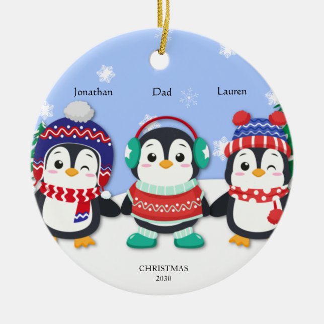 Personalised Cute Three Penguin  Snow Scene Ceramic Ornament (Front)