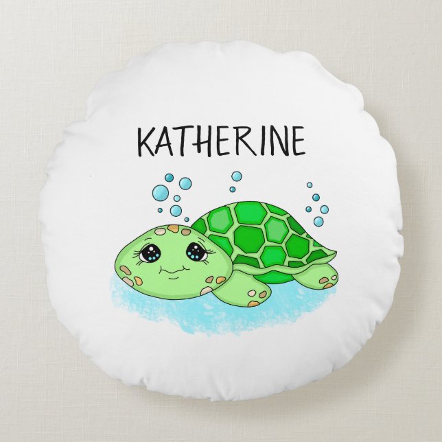 Personalised Cute Turtle Cartoon Name  Round Cushion (Front)