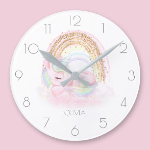 Personalised cute unicorn girl rainbow round clock