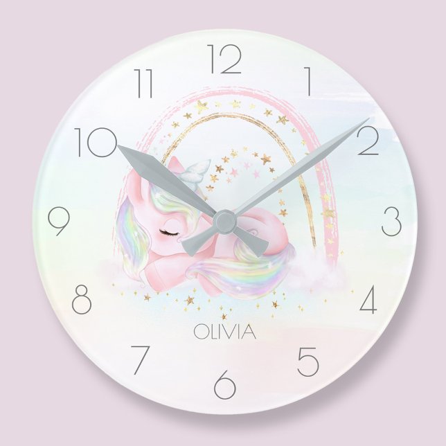 Personalised cute unicorn girl rainbow round clock (Personalized cute unicorn girl rainbow round clock)