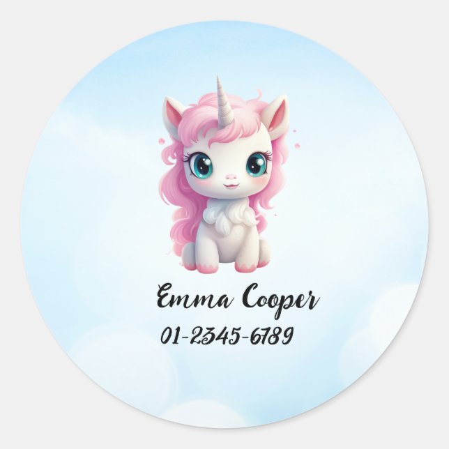 Personalised Cute Unicorn,Name,Phone number Classic Round Sticker (Front)