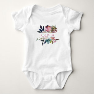 Personalised Cute Watercolor Floral Pink Rose Baby Bodysuit
