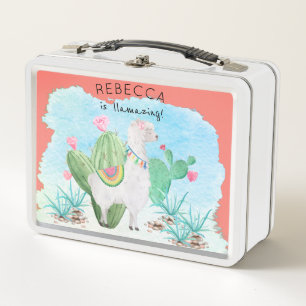 Personalised Cute Watercolor Llama Metal Lunch Box