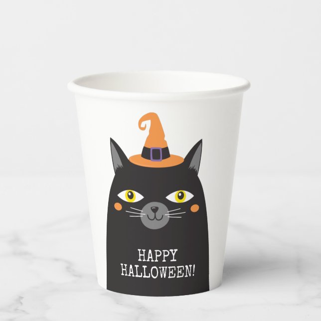 Personalised Cute Whimsical Halloween Black Cat  Paper Cups (Front)