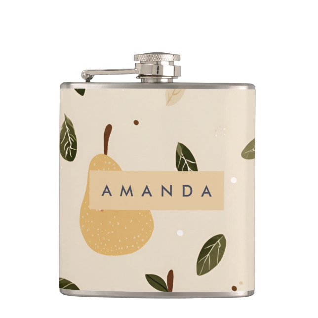 Personalised Cute Whimsical Pear Pattern  Hip Flask (Front)