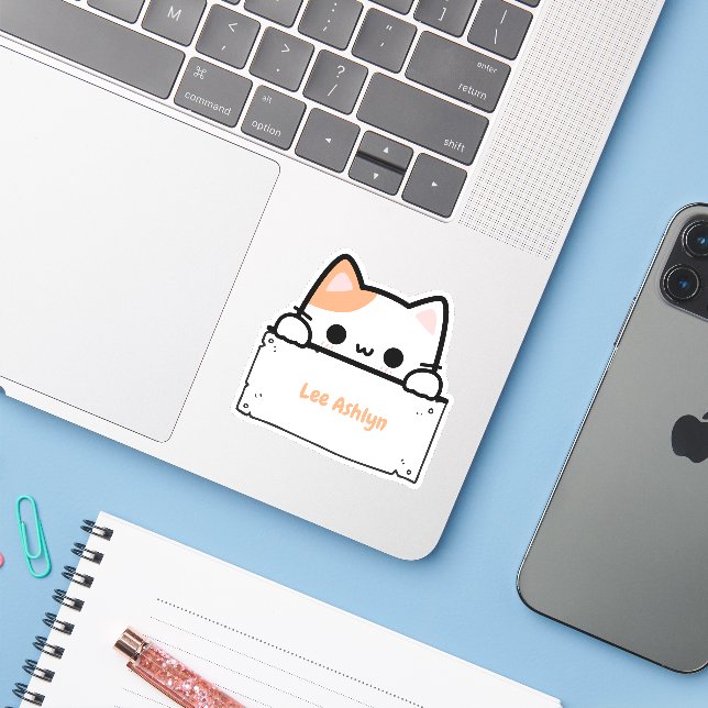 Personalised Cute White Cat Name Label Die-Cut (Laptop w/ iPhone)