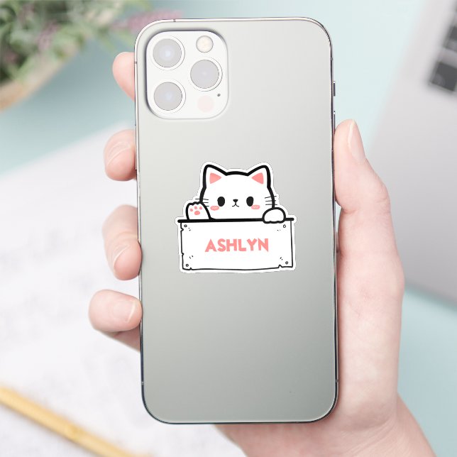 Personalised Cute White Cat Name Sticker (Phone)