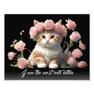 Personalised Cute White Kitten Cat in Flower Black Photo Print