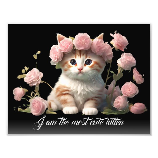 Personalised Cute White Kitten Cat in Flower Black Photo Print (Front)