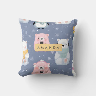 Personalised Cute Winter Bear & Penguin Pattern Cushion