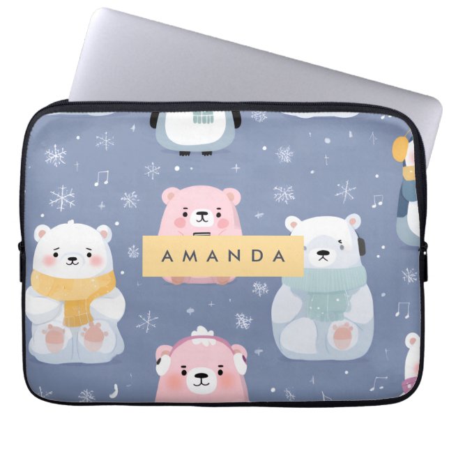 Personalised Cute Winter Bear & Penguin Pattern  Laptop Sleeve (Front)