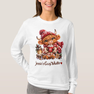 Personalised Cute Winter Highland Cow Long Sleeve T-Shirt