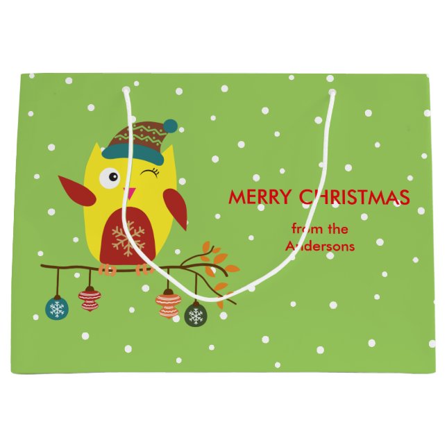 Personalised Cute Winter Owl Christmas Design Large Gift Bag (Front)