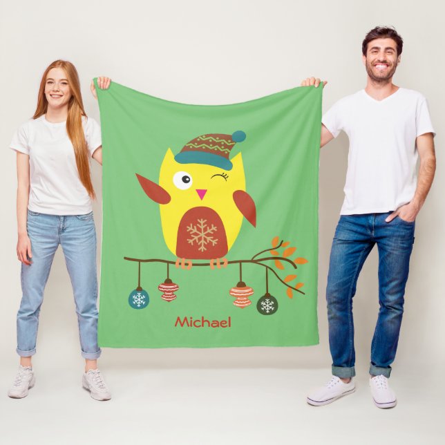 Personalised Cute Winter Owl Christmas llustration Fleece Blanket (In Situ)