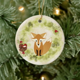 Personalised Cute Woodland Fox and Holiday Wreath Ceramic Ornament
