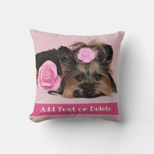 Personalised Cute Yorkie Puppy Pink Cushion