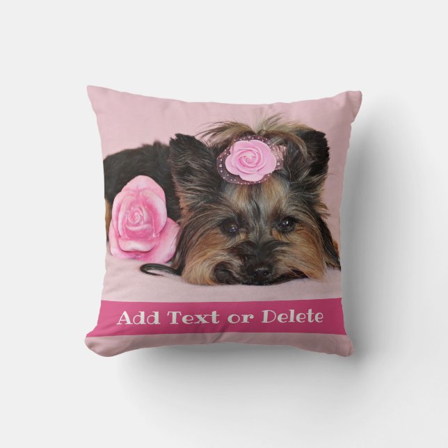 Personalised Cute Yorkie Puppy Pink Cushion (Front)
