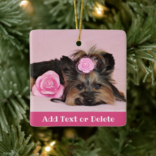 Personalised Cute Yorkie Puppy with pink roses Ceramic Ornament (Tree)