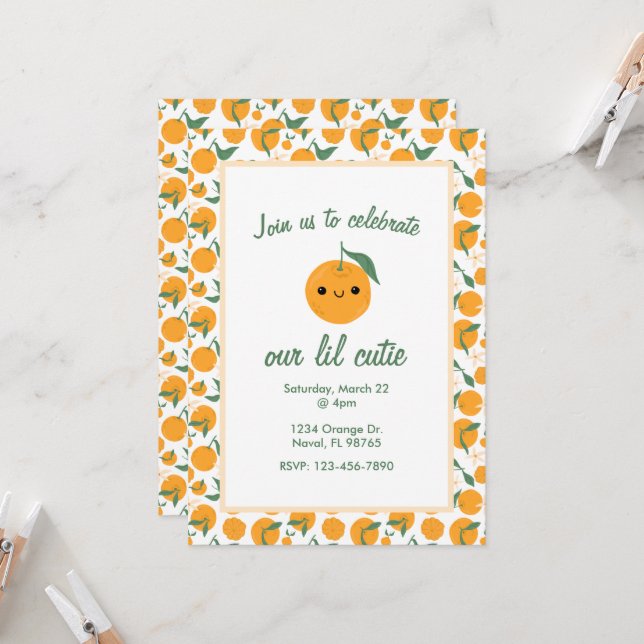 Personalised Cutie Orange Mandarin Clementine Invitation (Front/Back In Situ)