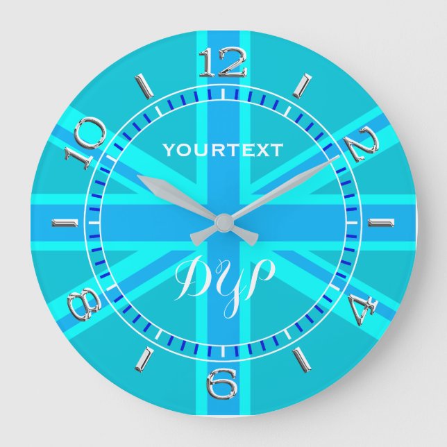 Personalised Cyan Union Jack British Flag Dial Large Clock (Front)