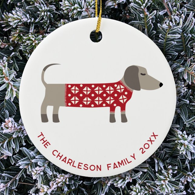 Personalised Dachshund Dog Fun  Ceramic Ornament (Fun ceramic ornament featuring a festive Dachshund Sausage Wiener Dog in red and white knitwear)