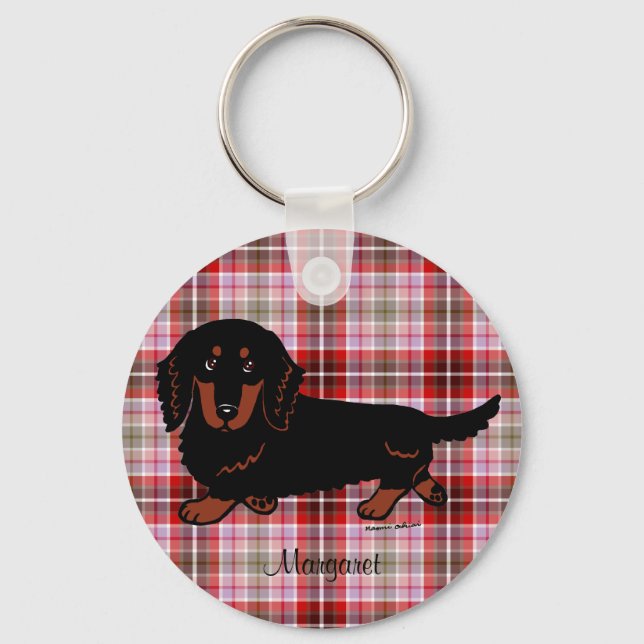 Personalised Dachshund Long Haired Black and Tan Key Ring (Front)