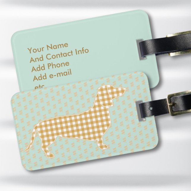 Personalised Dachshund Luggage Tag - Cream Gingham (Cute personalized Gingham Dachshund luggage tag with Cream Doxie on a mint background)
