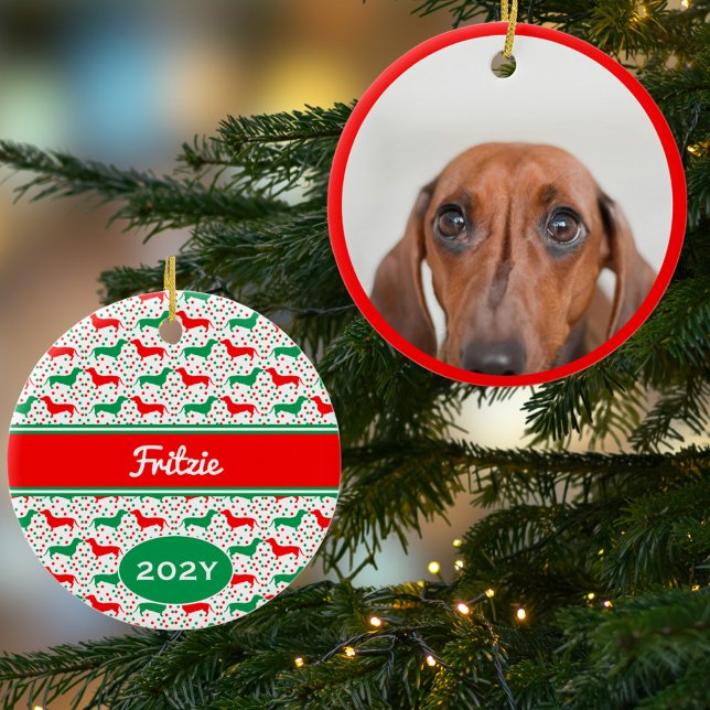 Personalised Dachshund Photo Year  Ceramic Ornament (Personalized Photo Ornament. Cute Red and Green Dachshund pattern with Name Year on the back)