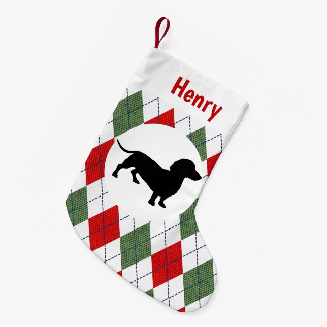 Personalised Dachshund Red And Green Argyle Small Christmas Stocking (Front (Hanging))