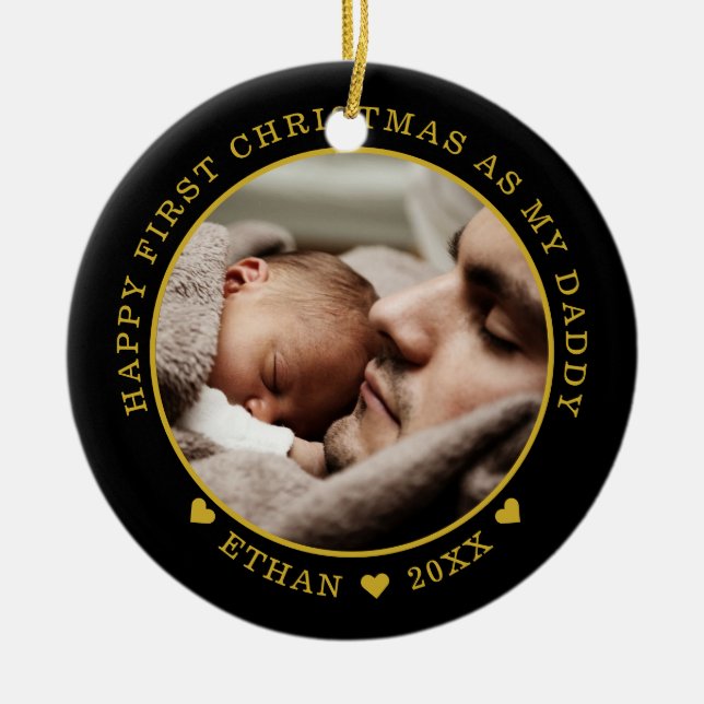 Personalised Dad And Baby's First Christmas Photo Ceramic Ornament (Front)