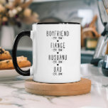 Personalised Dad Milestones Gift Mug<br><div class="desc">This sweet and sentimental coffee mug gift for new or expecting dads features a minimalist black and white aesthetic with bold, modern typography that traces a heartfelt relationship journey—from boyfriend to fiancé, husband, and finally dad—each marked with a year established to commemorate special milestones. Cute little hearts add a sweet...</div>