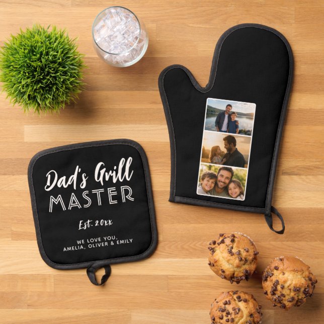 Personalised Dad's Grill Master 3 Photo Oven Mitt & Pot Holder Set (Top Down)