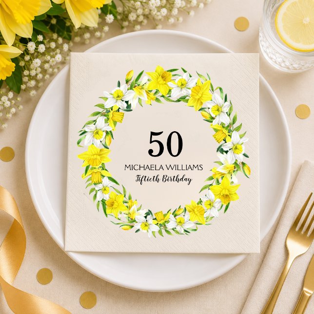 Personalised Daffodil 50th Birthday Napkin (Add Name / edit text to personalize, see collection for matching items)