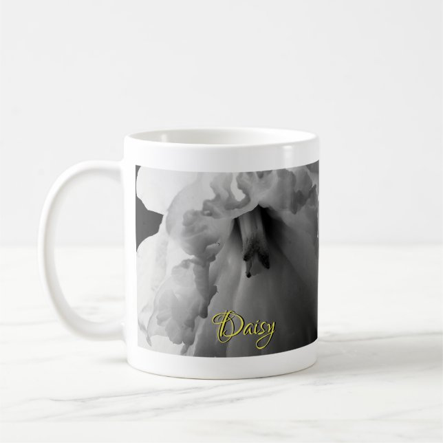 Personalised Daffodil Black and White Photography Coffee Mug (Left)