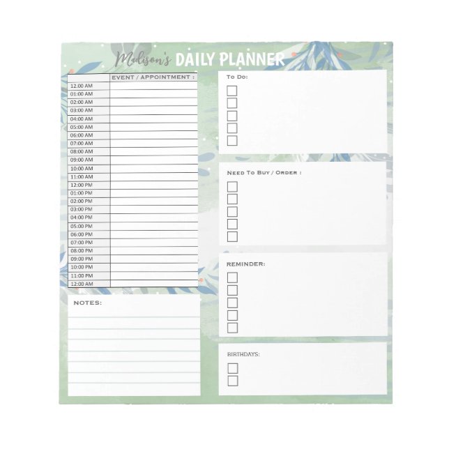 Personalised Daily Planner To Do List Organiser Notepad (Front)