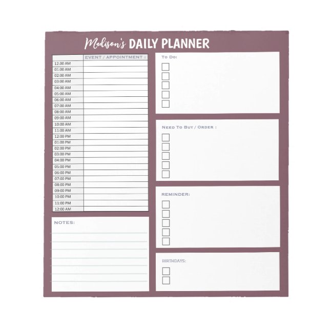 Personalised Daily Planner To Do List Organiser Notepad (Front)