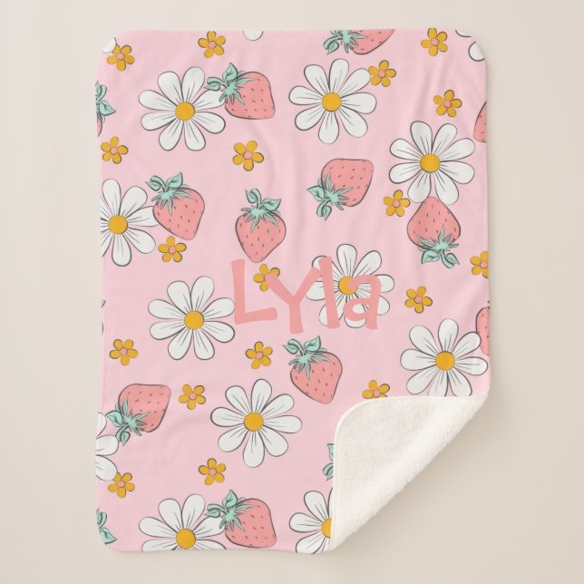 Personalised Daisies and Strawberries Sherpa Blanket (Front)