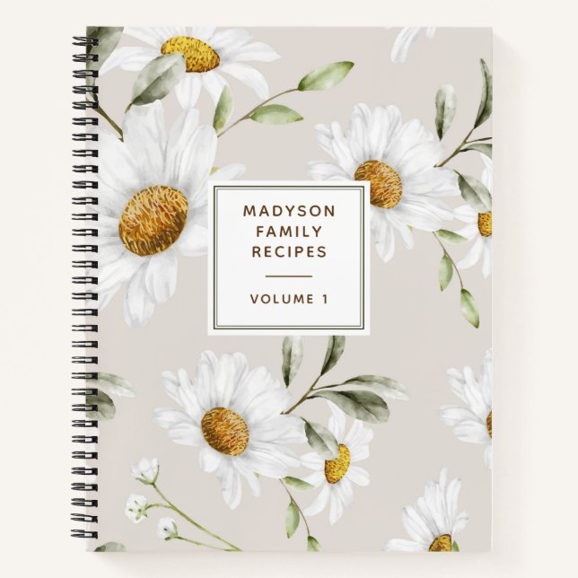 Personalised Daisy Flowers Family Recipe Cookbook Notebook (Front)