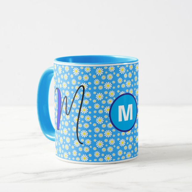 Personalised Daisy Monogrammed Initial Blue Coffee Mug (Front Left)