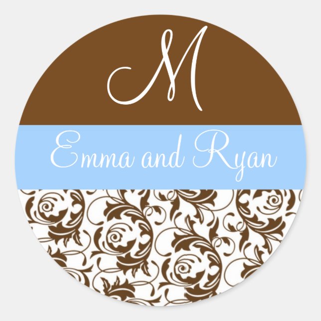 Personalised Damask Blue and Brown Stickers (Front)