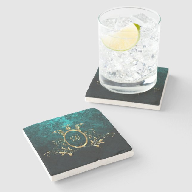 Personalised Damask gold Frame Stone Coaster (Side)