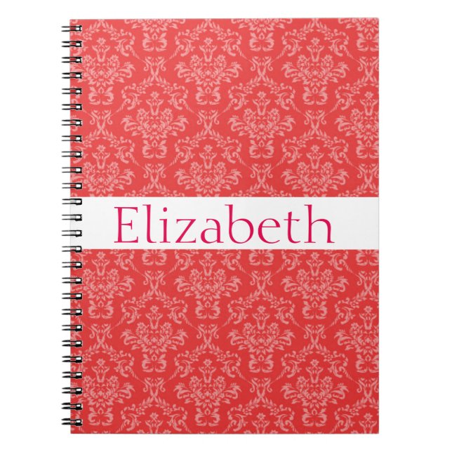 Personalised Damask Pattern Pink White Badge Notebook (Front)