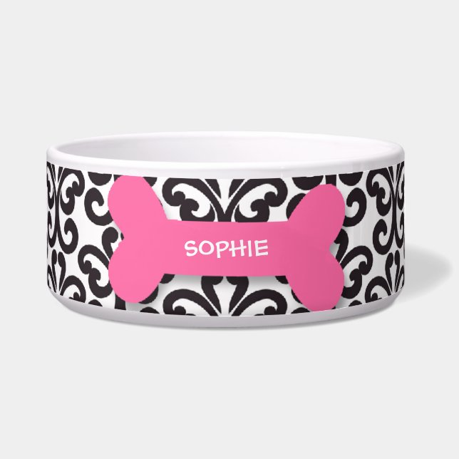 Personalised damask pink dog bone pet food bowl (Front)