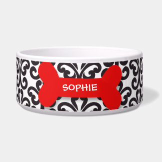 Personalised damask red dog bone pet food bowl